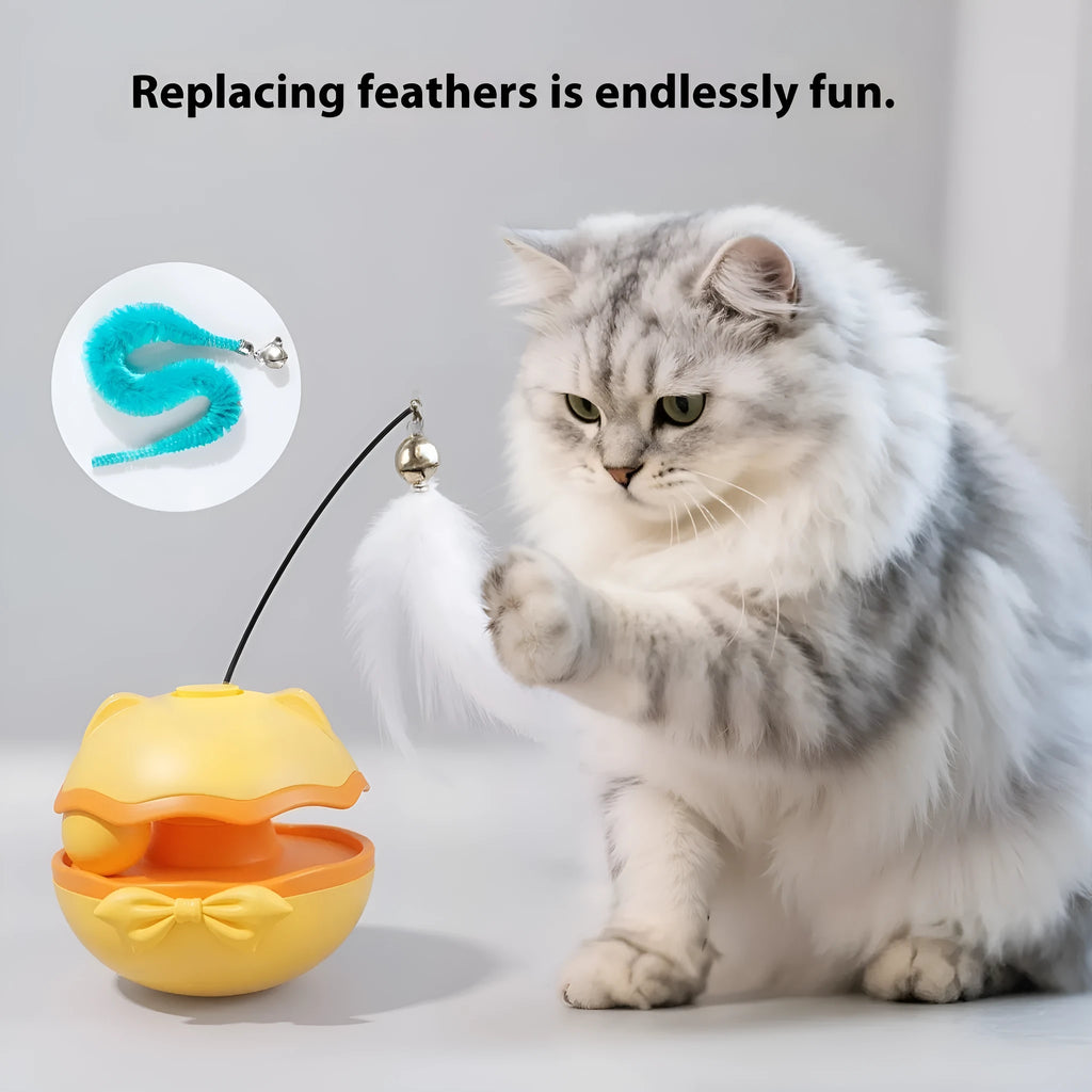 Electric cat toy tumbler with self-rotating base and teaser stick attachment in three colour options