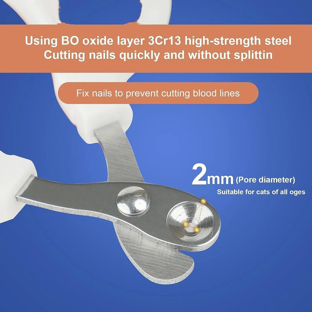 Blue pet nail clippers with circular safety-guide hole and cushioned non-slip handles.