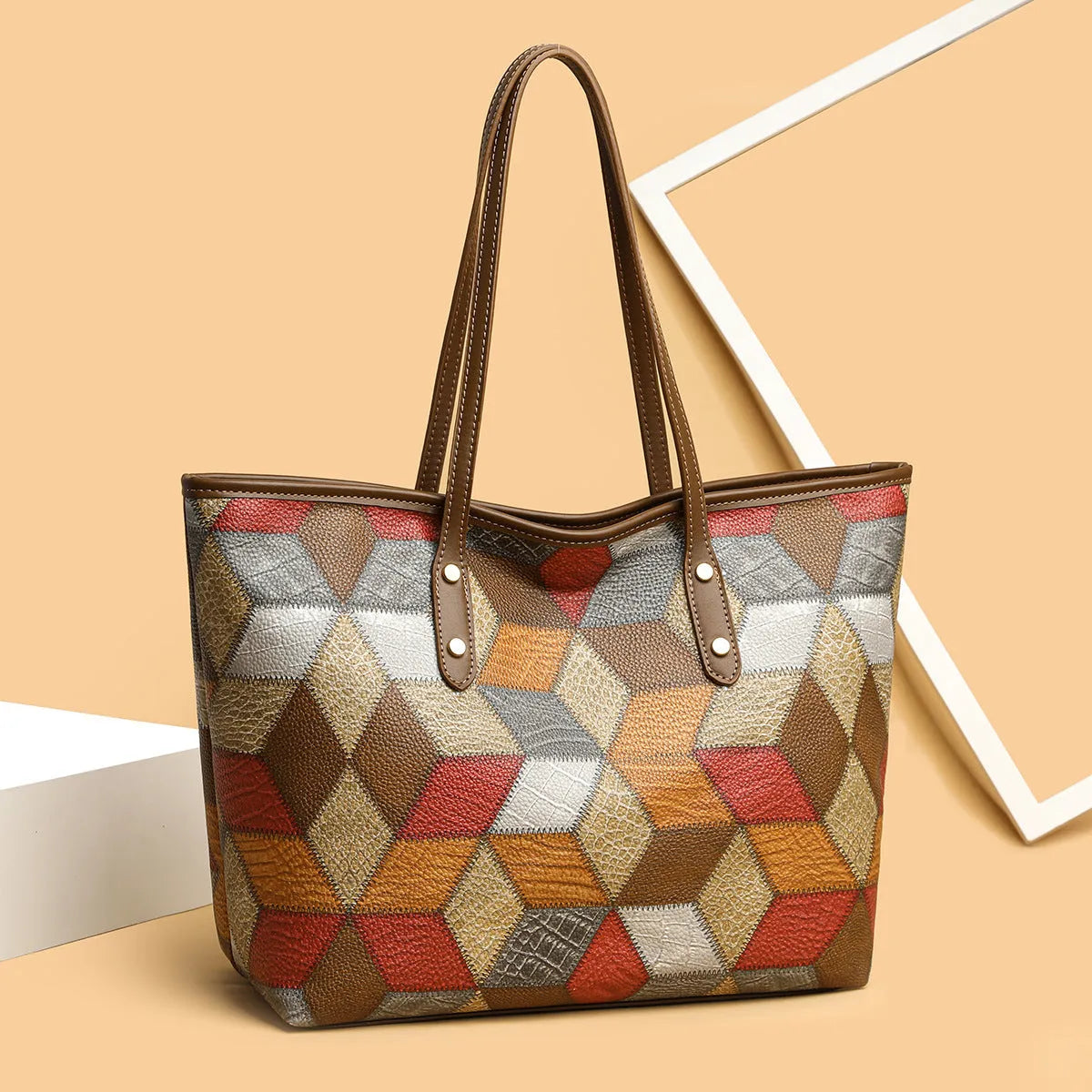 Women's PVC shoulder handbag with sandwich pockets in blue brown colour option
