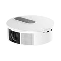 White 720p HD home theatre projector with remote control on a table