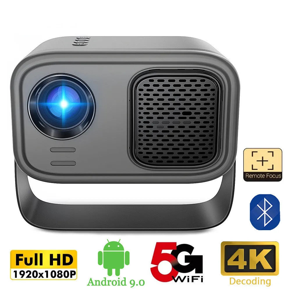 Black HD smart portable projector with remote control on table