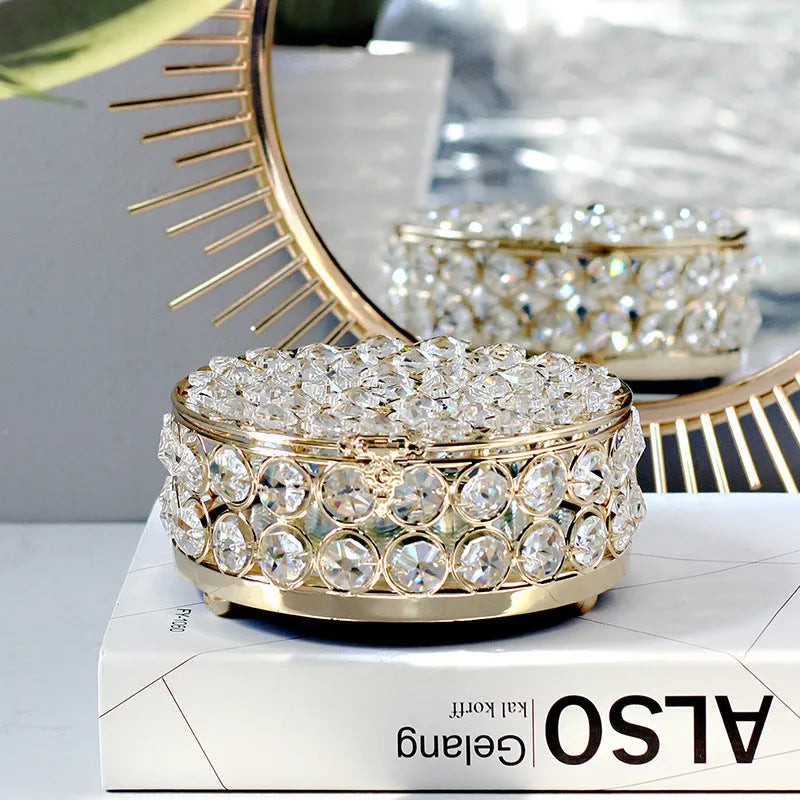 Crystal glass transparent jewellery storage box with French gold metal frame and European-style design