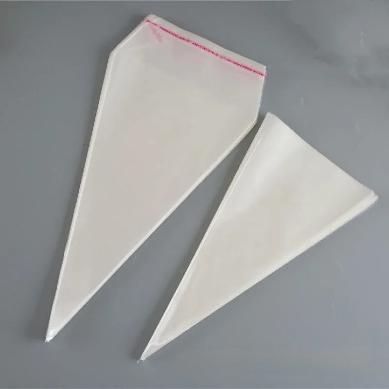 Triangle transparent plastic packaging bag with wire tie closure showing geometric shape