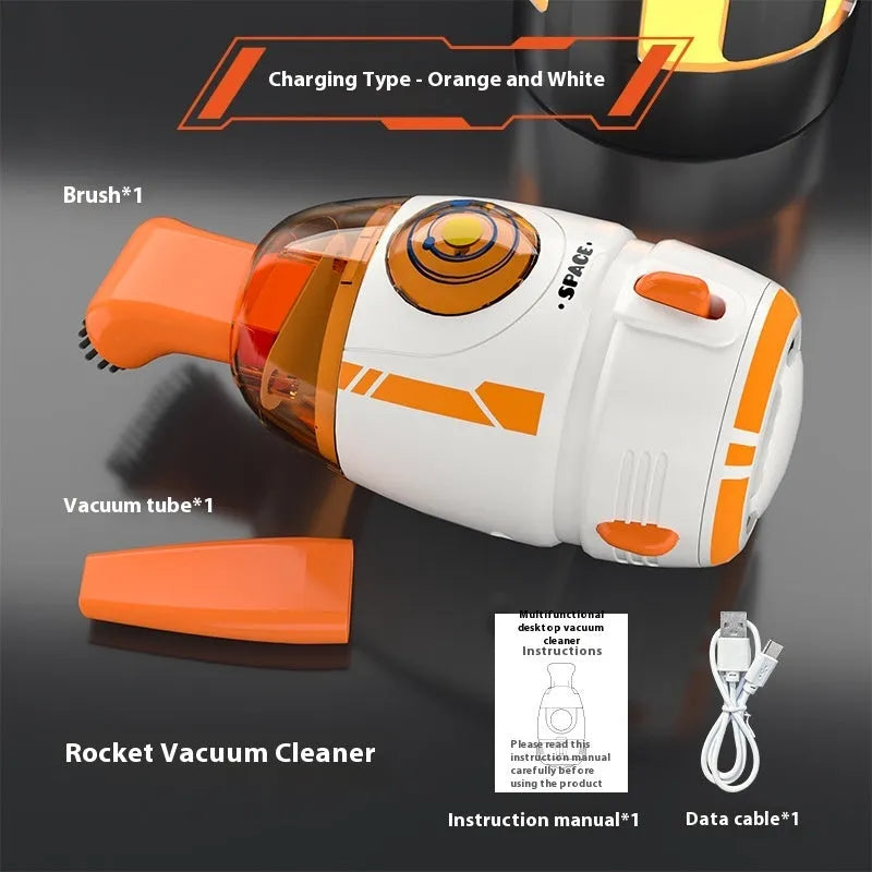 USB charging desktop vacuum cleaner in various colours including blue rocket, orange, gray white, and animal designs.