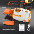 USB charging desktop vacuum cleaner in various colours including blue rocket, orange, gray white, and animal designs.