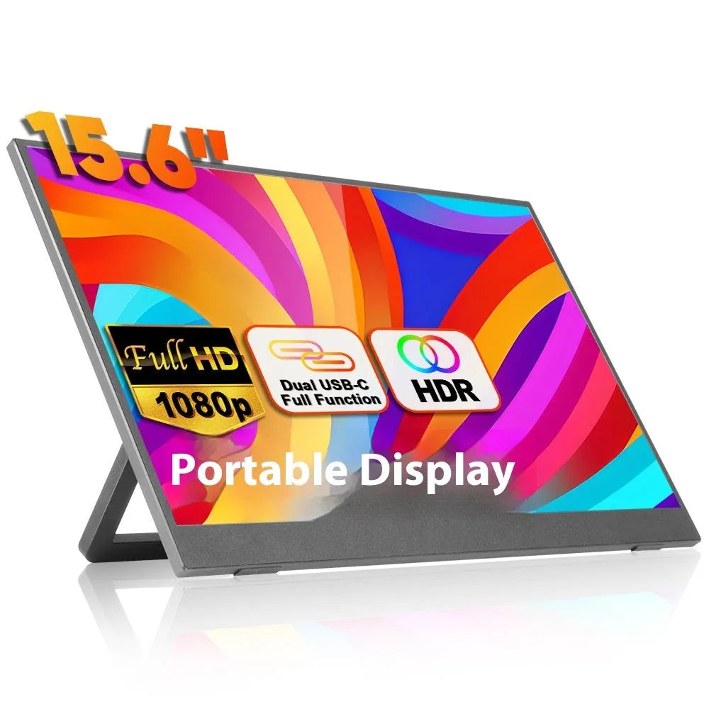 Black 15.6-inch portable office monitor on adjustable stand showing desktop display