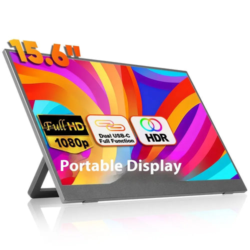 Black 15.6-inch portable office monitor on adjustable stand showing desktop display