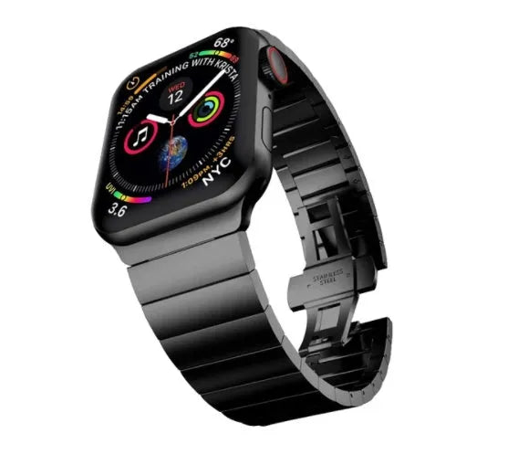 Silver stainless steel metal chain watch strap with butterfly buckle for Apple Watch.