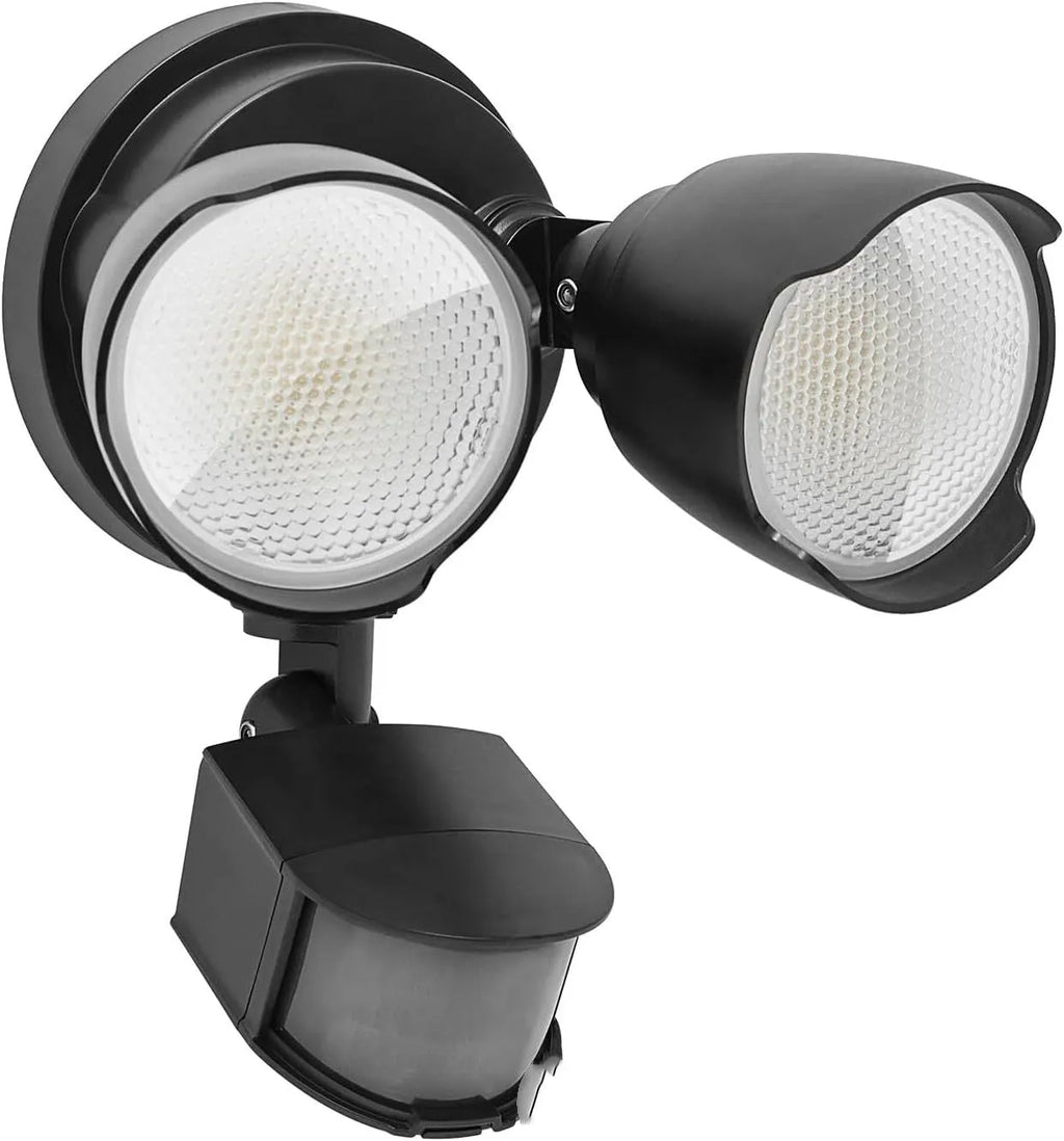 White LED security flood light with motion sensor for outdoor courtyard or garage installation