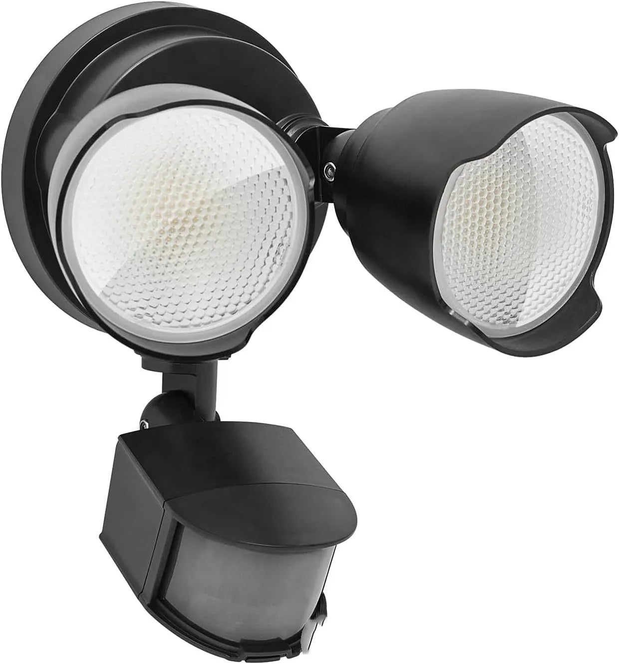 White LED security flood light with motion sensor for outdoor courtyard or garage installation