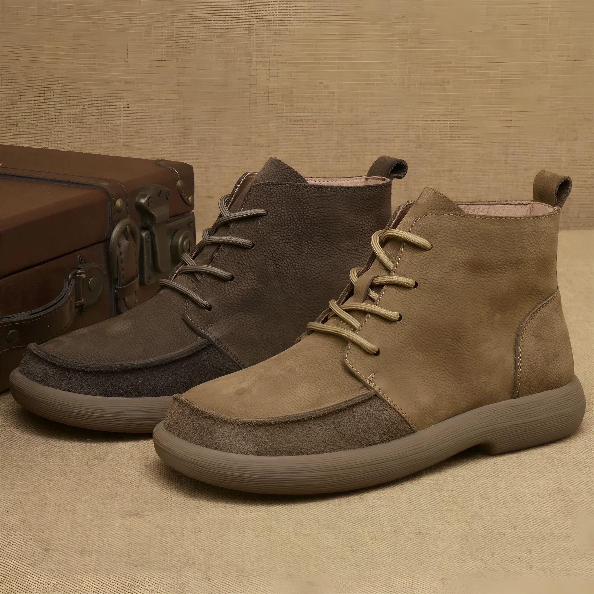 Grey genuine leather martin boots with wedge heel and lace-up front on a white background.