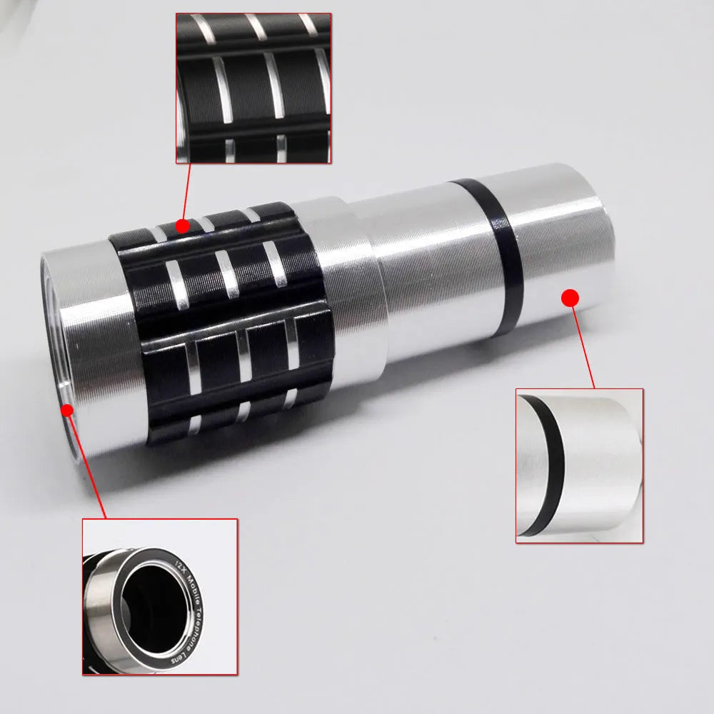 12x magnification smartphone telephoto lens with universal collar clip attached to a mobile phone