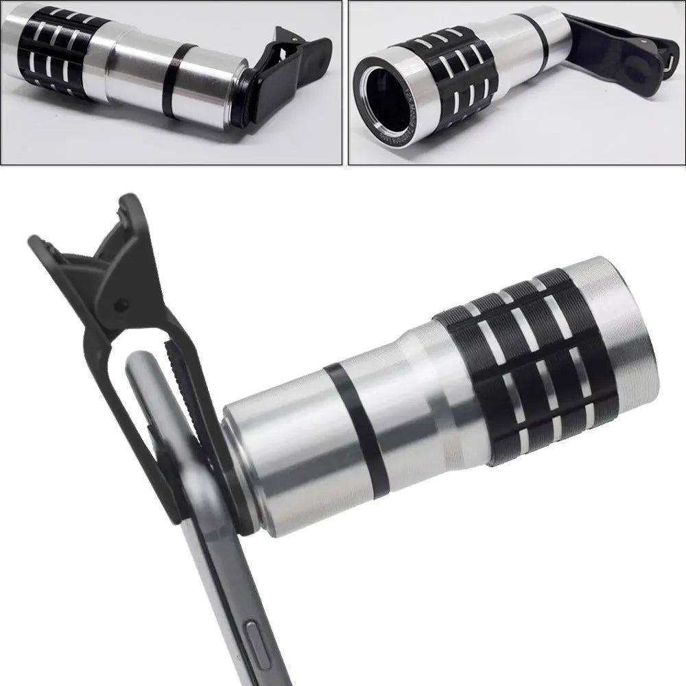 12x magnification smartphone telephoto lens with universal collar clip attached to a mobile phone
