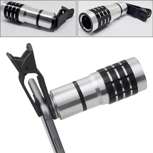 12x magnification smartphone telephoto lens with universal collar clip attached to a mobile phone