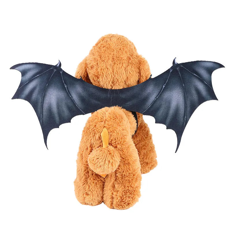 Black cloth bat wing Halloween costume for pets showing three size options for cats and dogs