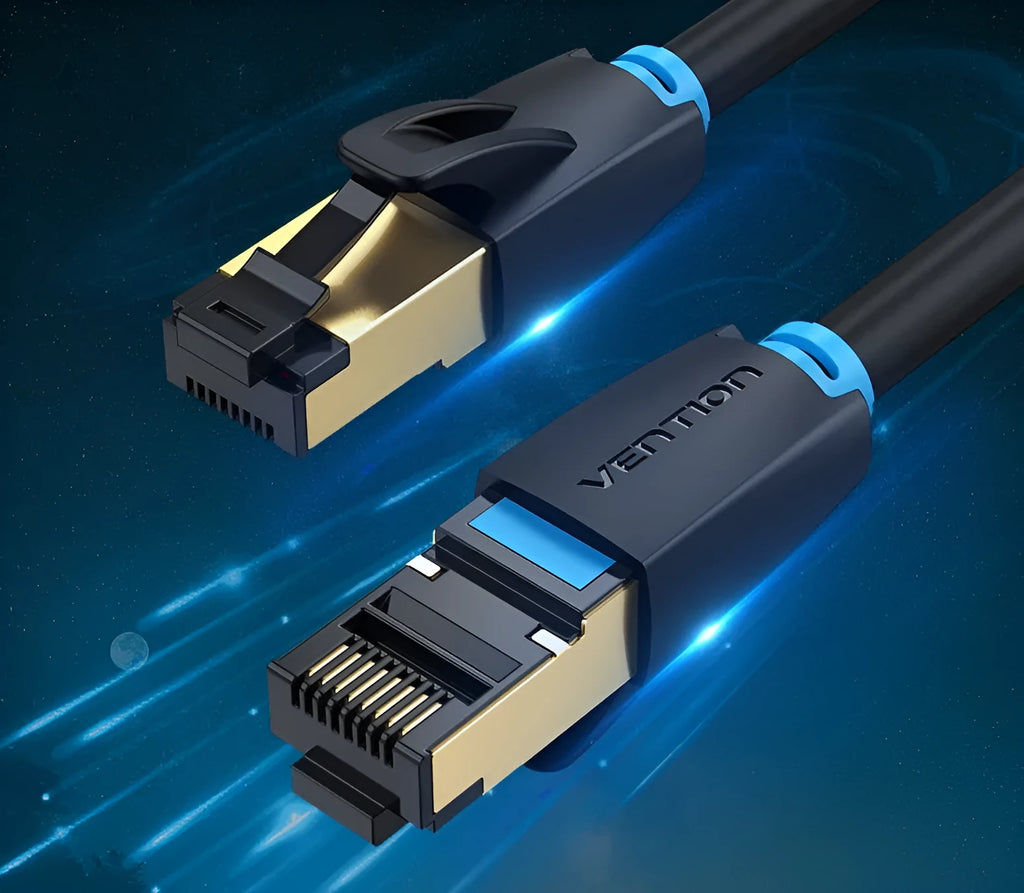 CAT8 shielded flat and round ethernet cable with RJ45 connectors for 10G gaming and home networks.