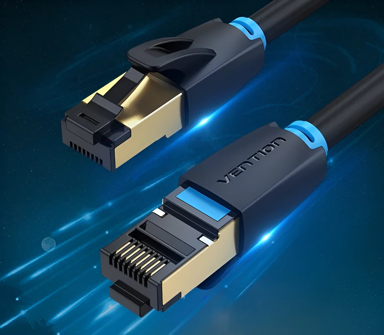 CAT8 shielded flat and round ethernet cable with RJ45 connectors for 10G gaming and home networks.