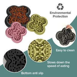 Silicone pet licking mat slow feeder in blue on a kitchen floor