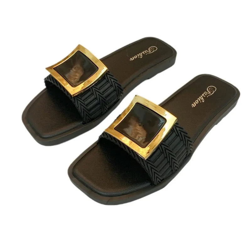 Women's apricot coloured flat casual slippers with a textured PVC sole, shown on a light background.