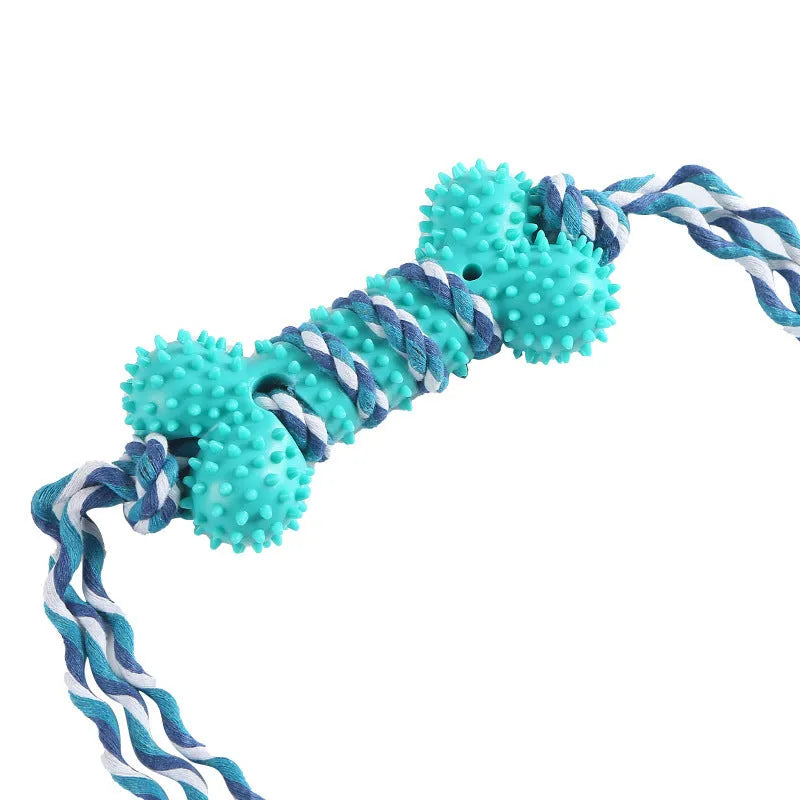 Molar teeth cleaning dog rope bite ball plastic pet toy in blue