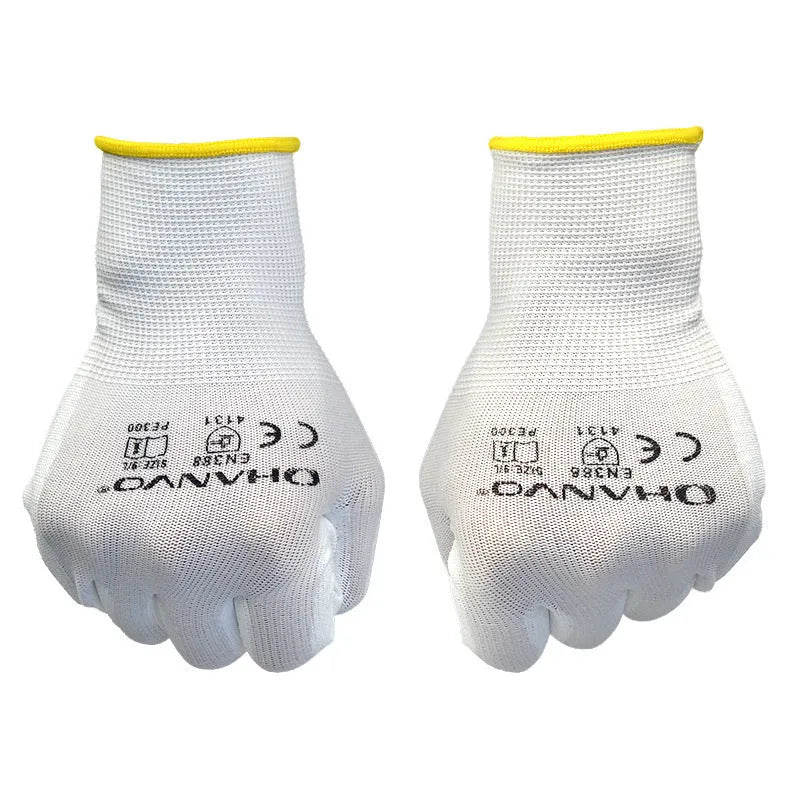 White PU coated labour gloves showing flexible design and 24 cm length.