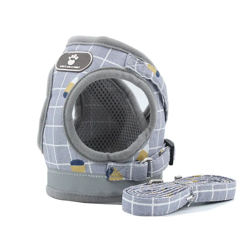 Breathable mesh small dog harness and leash set in grey with reflective strips, five sizes