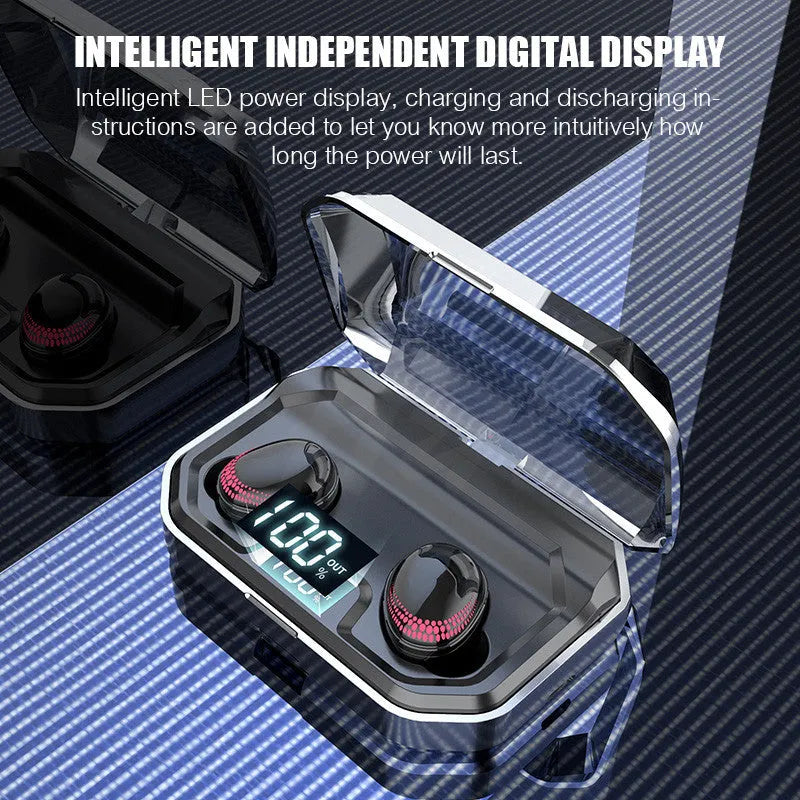 Black X10 Bluetooth headset with charging case showing dimensions and battery specifications