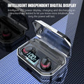 Black X10 Bluetooth headset with charging case showing dimensions and battery specifications