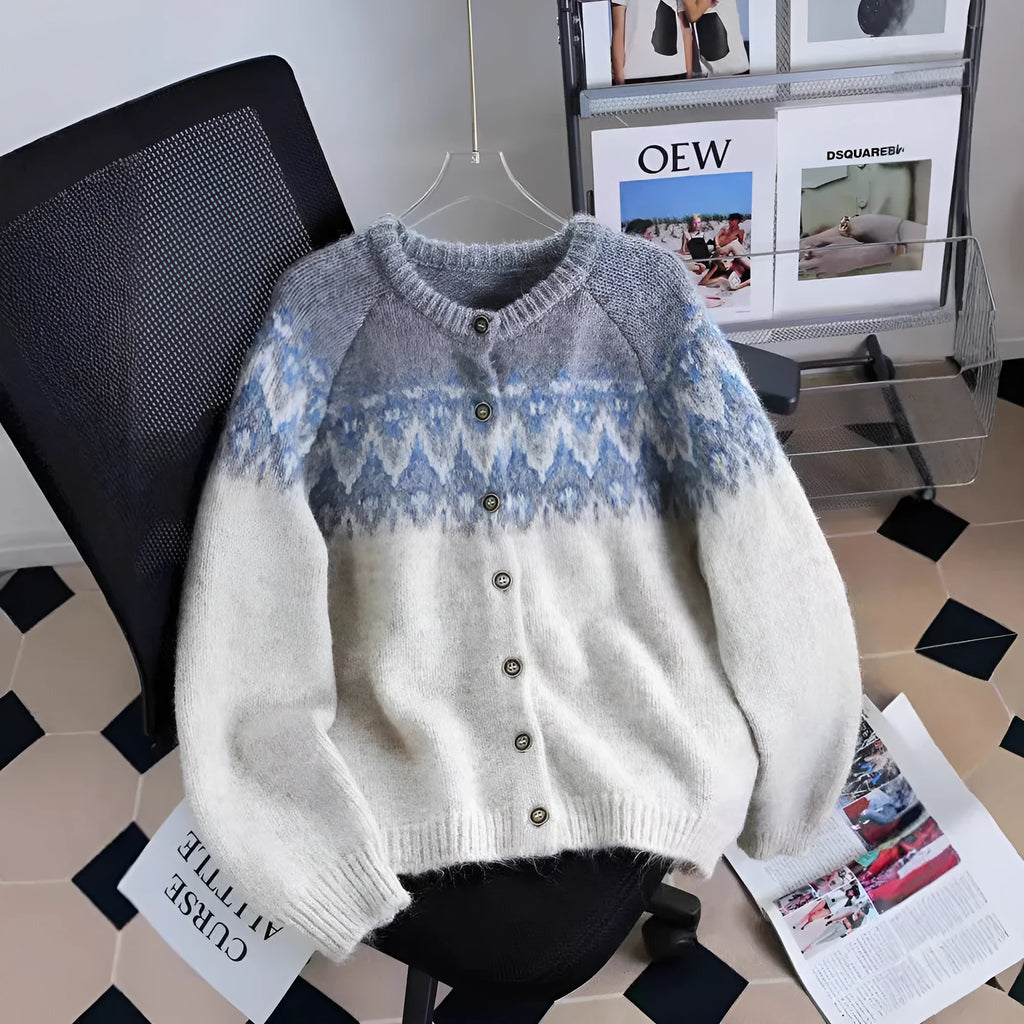 Women's thickened sweater coat in contrast colour jacquard knit with long sleeves