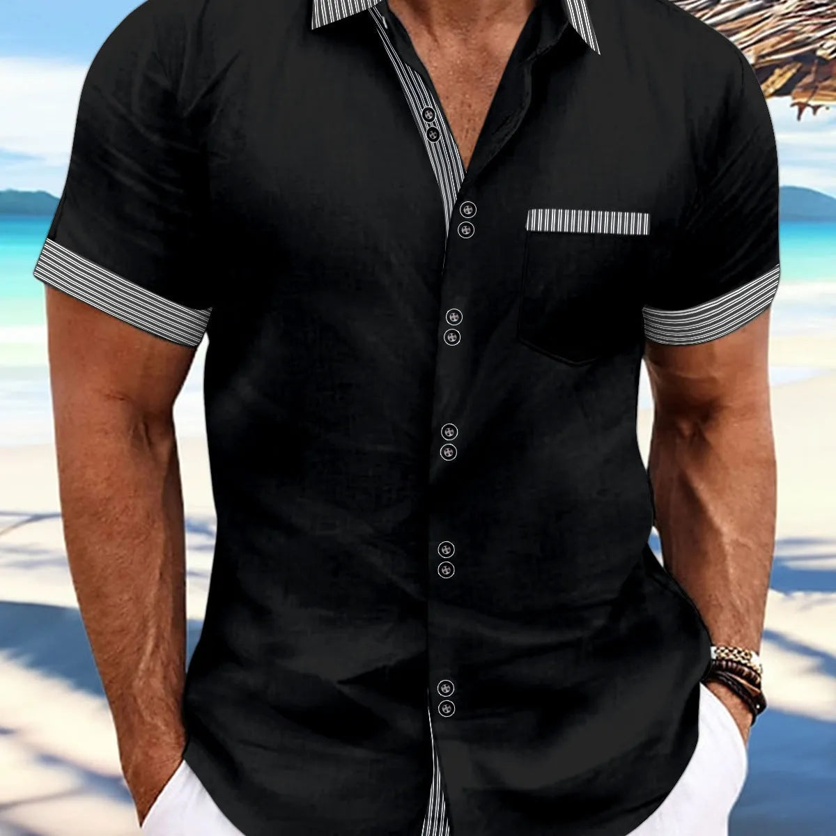 Man wearing striped short sleeve casual shirt in pure cotton with slim fit