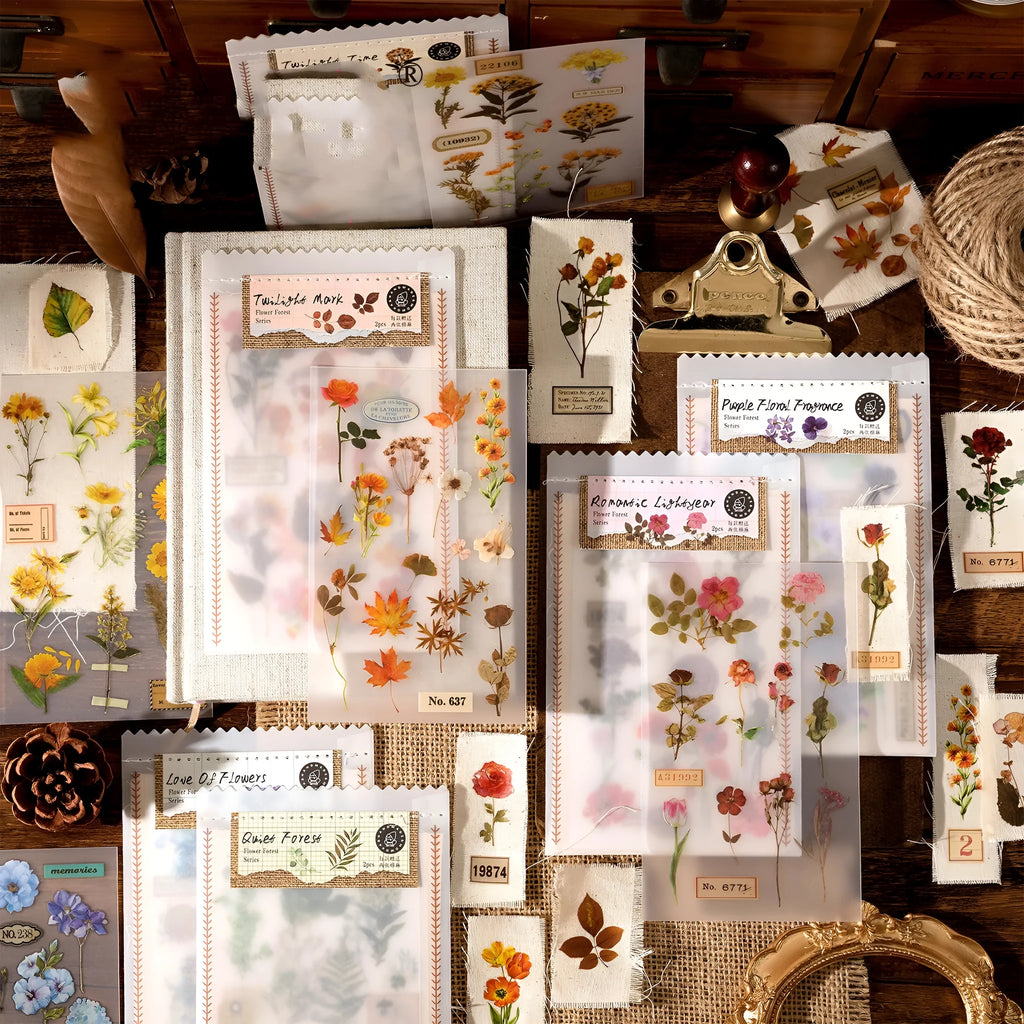Huazhisen sticker pack showing six colour designs: Dusk Time, Fan Love Of Flower, Purple Flower Fragrance, Quiet Forest, Romantic Light Year, Twilight Mark.