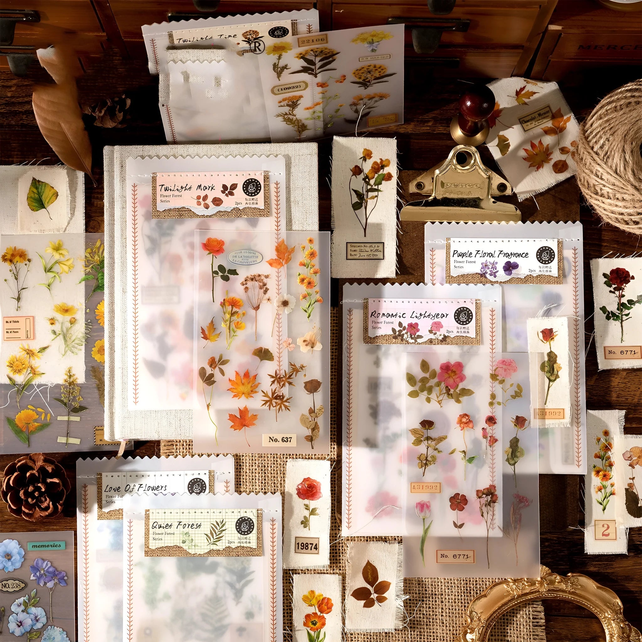 Huazhisen sticker pack showing six colour designs: Dusk Time, Fan Love Of Flower, Purple Flower Fragrance, Quiet Forest, Romantic Light Year, Twilight Mark.