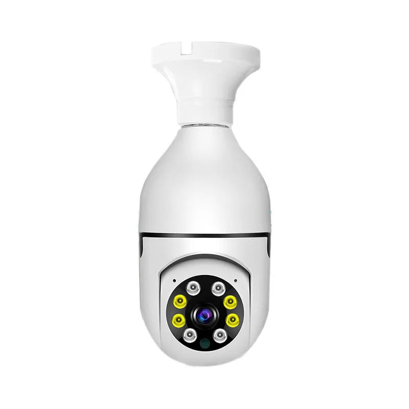 White wireless bulb security camera showing dimensions of 5cm by 12cm for indoor and outdoor use.