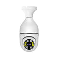 White wireless bulb security camera showing dimensions of 5cm by 12cm for indoor and outdoor use.