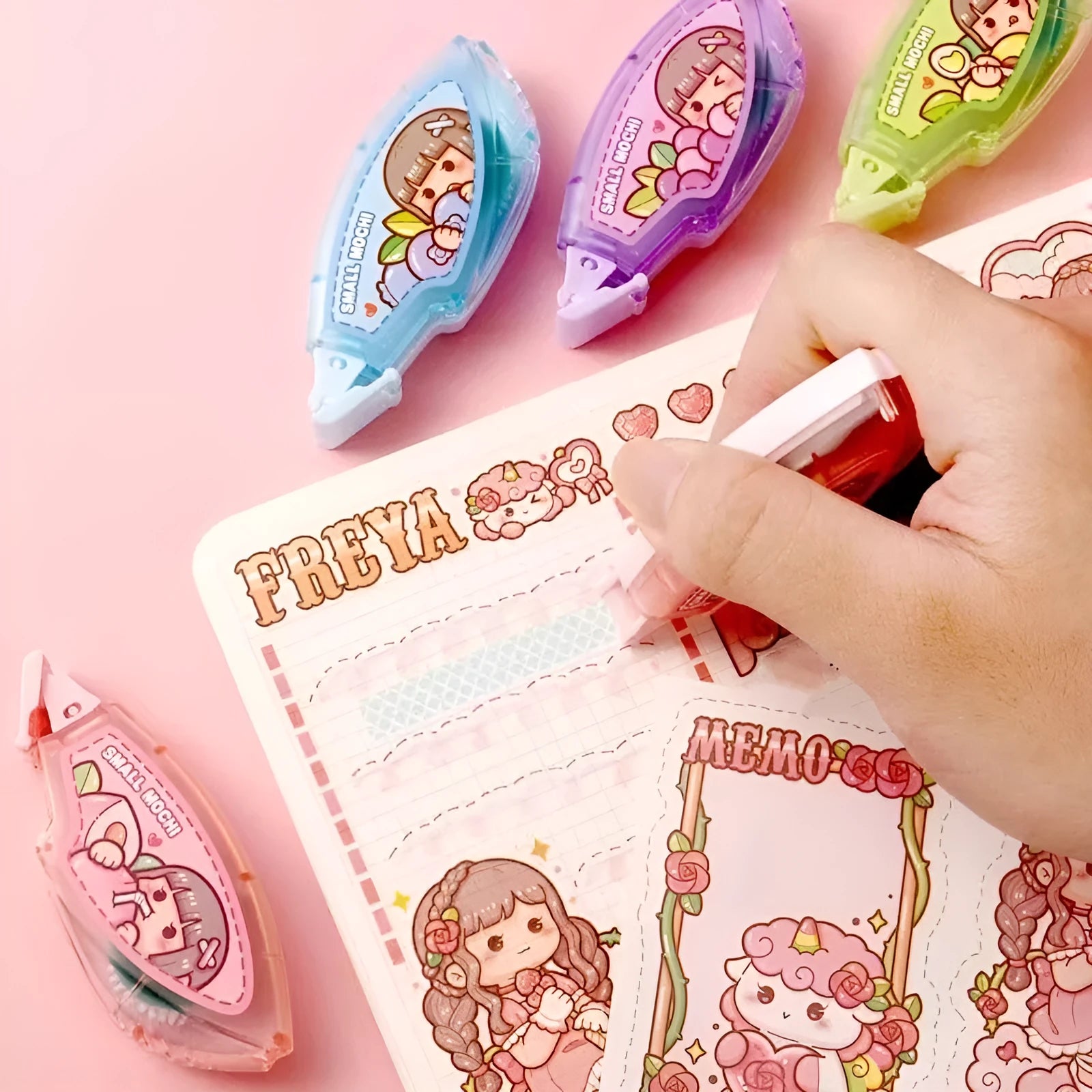 Dotting glue in juice colours: peach, lemon, blueberry, butter, grape, in a cute card pack.