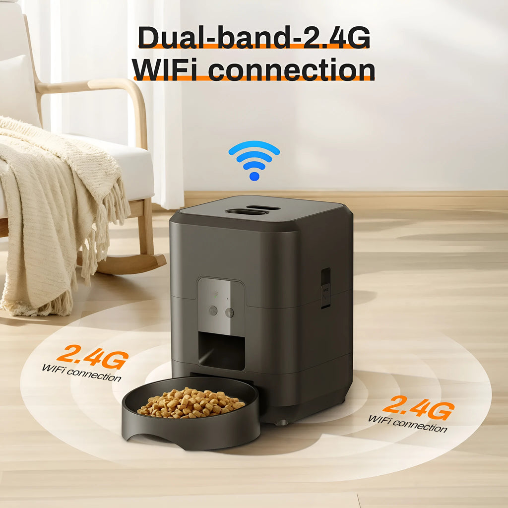 Pet automatic feeder for cats with remote control options and multiple international power supply standards