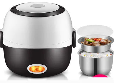 Multi-function USB-powered lunch box with heating element showing two-tier and three-tier capacity options