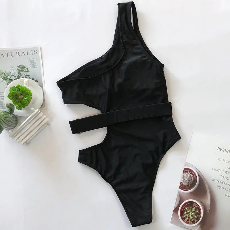 Black one shoulder nylon swimsuit for women, front view