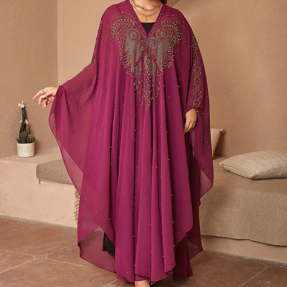 Purple Muslim style chiffon cape shawl with rhinestone beading showing length and decorative detail