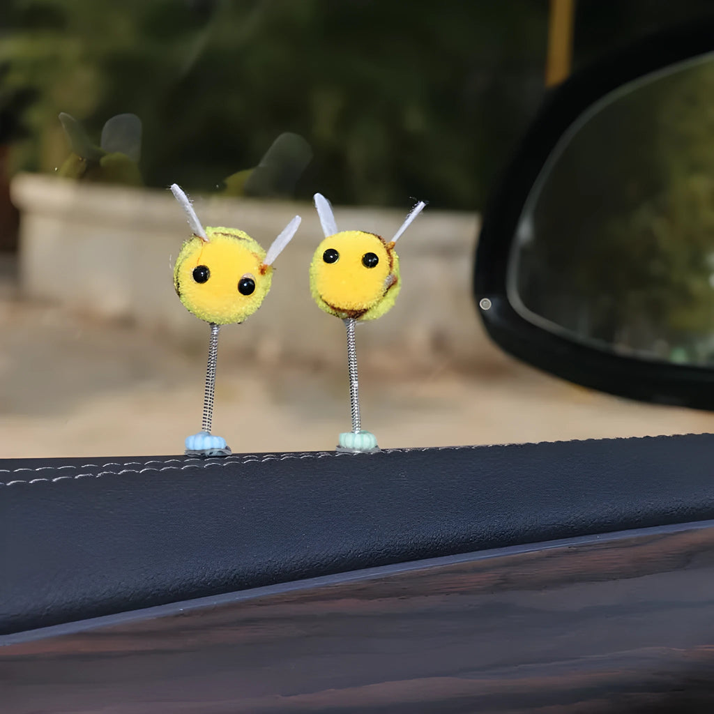 Swing spring bee car decoration with fur ball material, 3 cm size, cartoon design