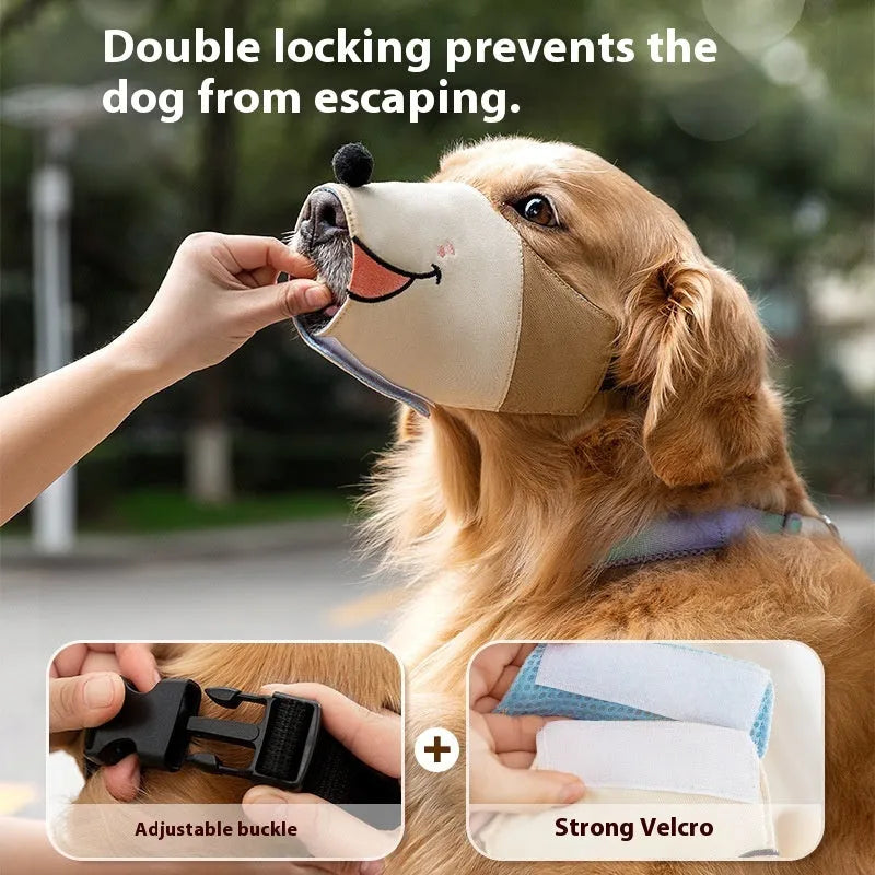 Canvas dog muzzle mouth cover anti-bite product in Ollie Brown Bear colour showing size options for dogs 3kg to 50kg