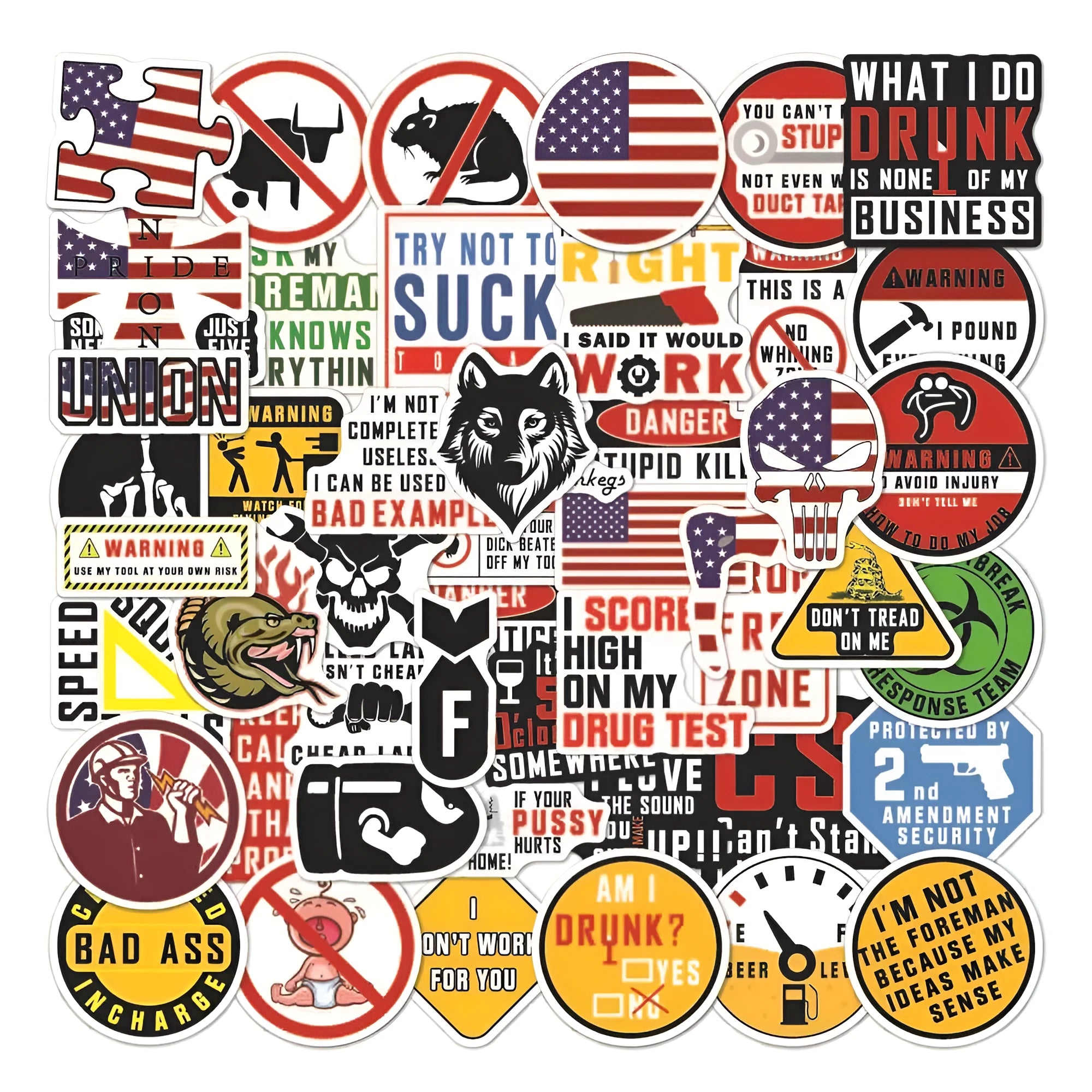 Pack of 50 personalised waterproof warning stickers with graffiti-style slogans on PVC adhesive.
