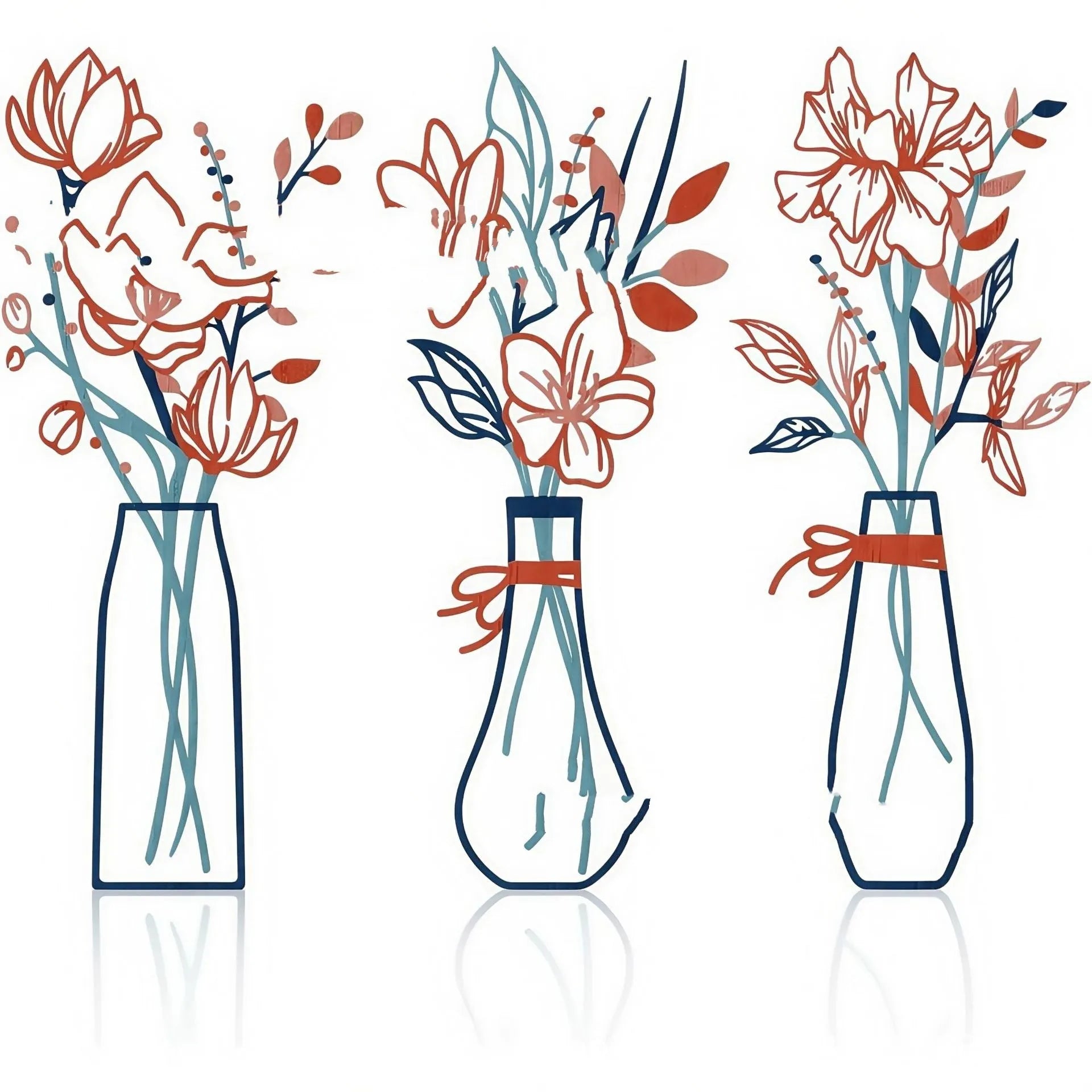 Three piece metal flower wall art set in alloy finish with colour vase holders for country farmhouse decor