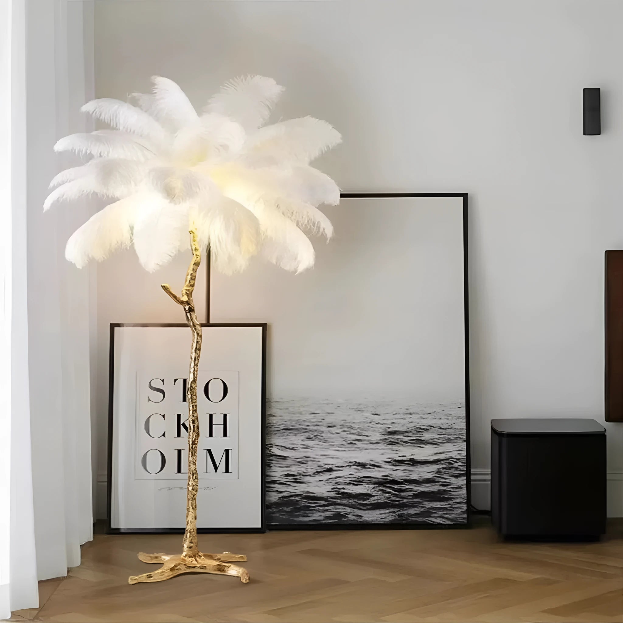 Decorative resin feather floor lamp with 32 feathers in white, pink, or dark green colours