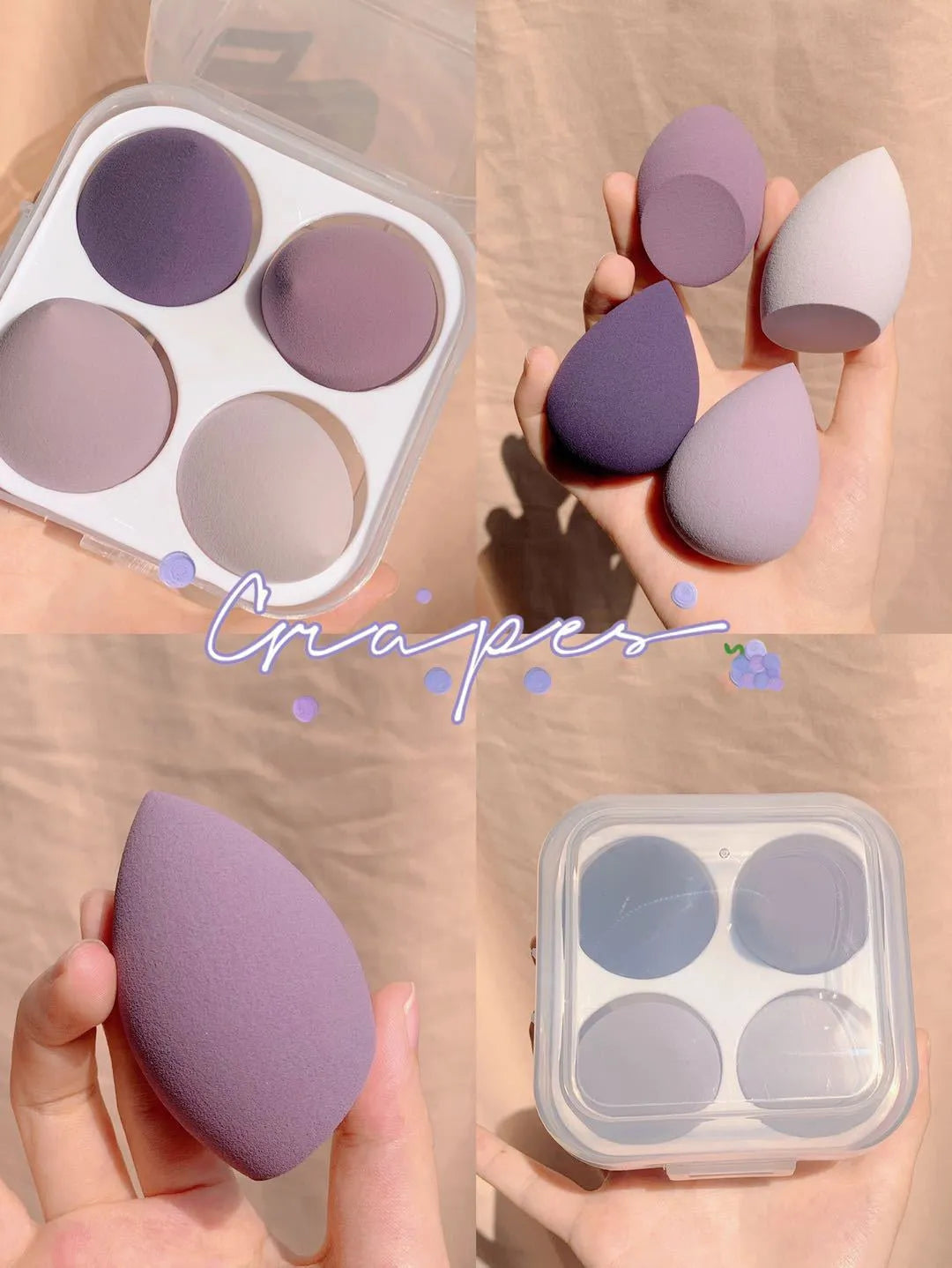 Makeup egg box with four coloured synthetic sponge beauty blenders, each roughly 6cm in size.