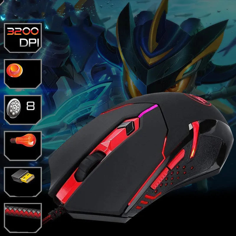 Black and red USB wired optical computer mouse on a desktop