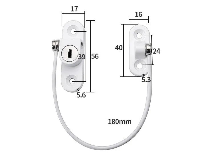 White window security chain lock with steel cable and adhesive base on a window frame