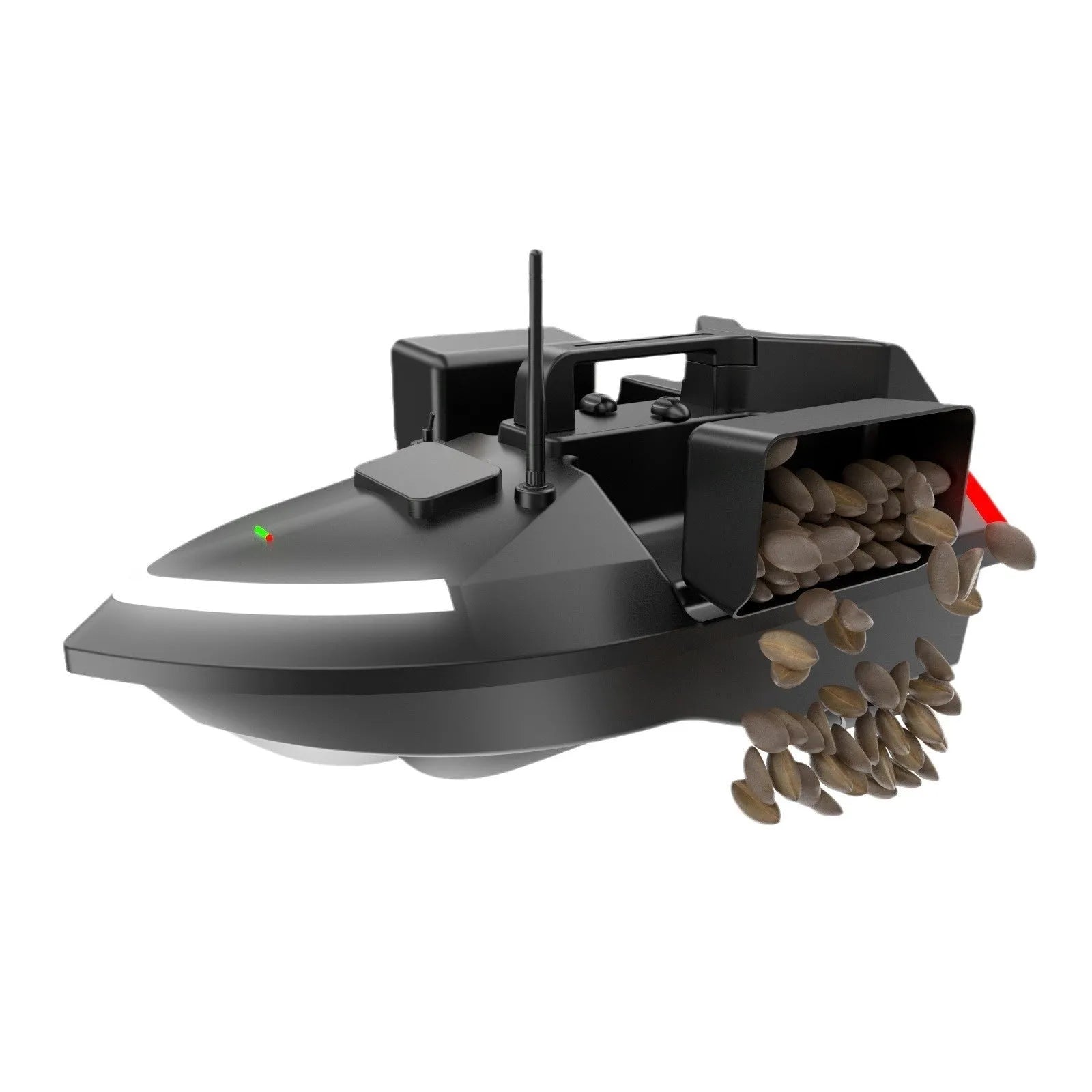 Black remote control fishing boat with GPS antenna on a calm lake, showing remote control.
