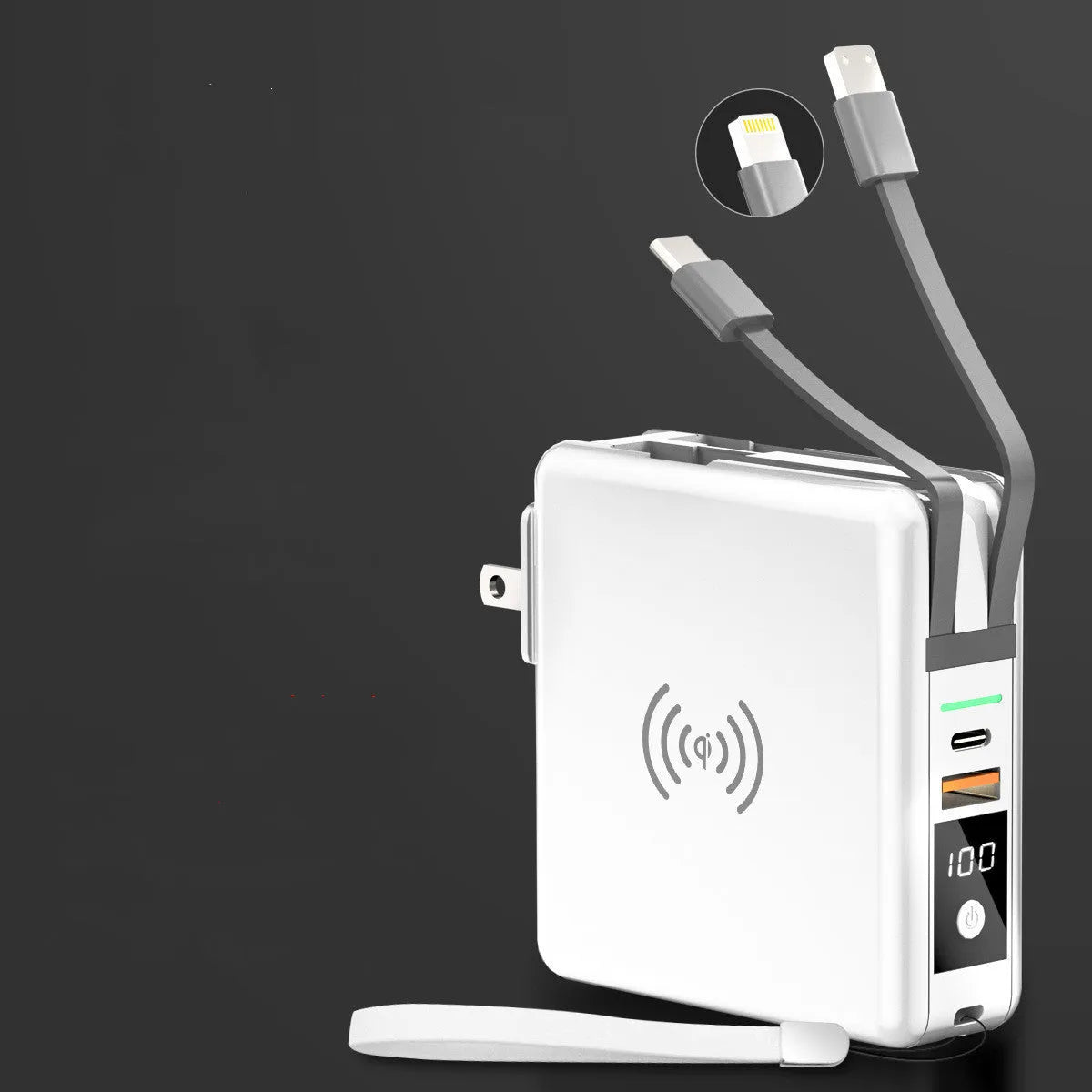 Super QI wireless charging power bank with built-in plug in black and white colour options