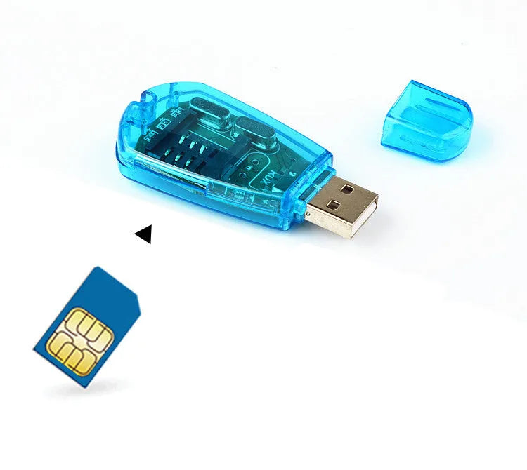 Blue USB SIM card reader for mobile phone data transfer and backup